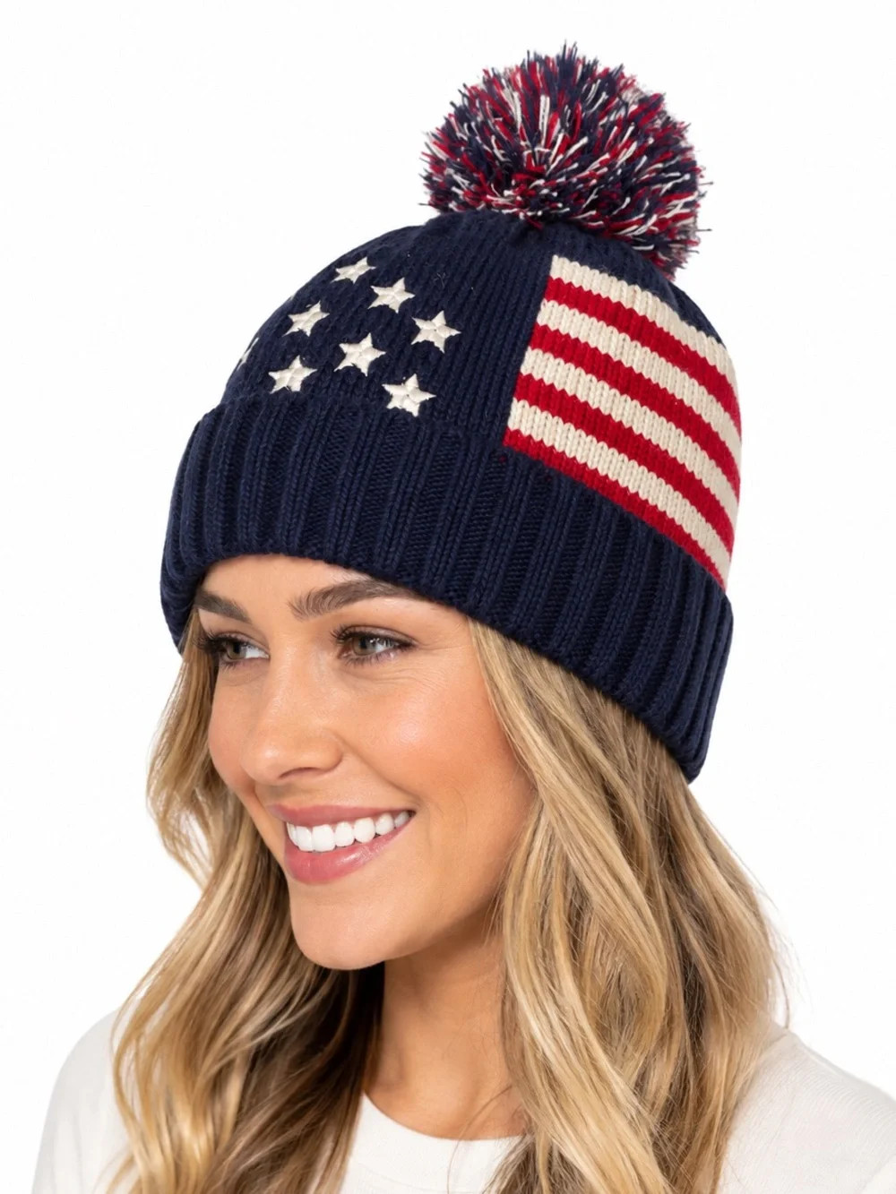 Fleece Lined Red White and Blue USA Flag Beanie Hat